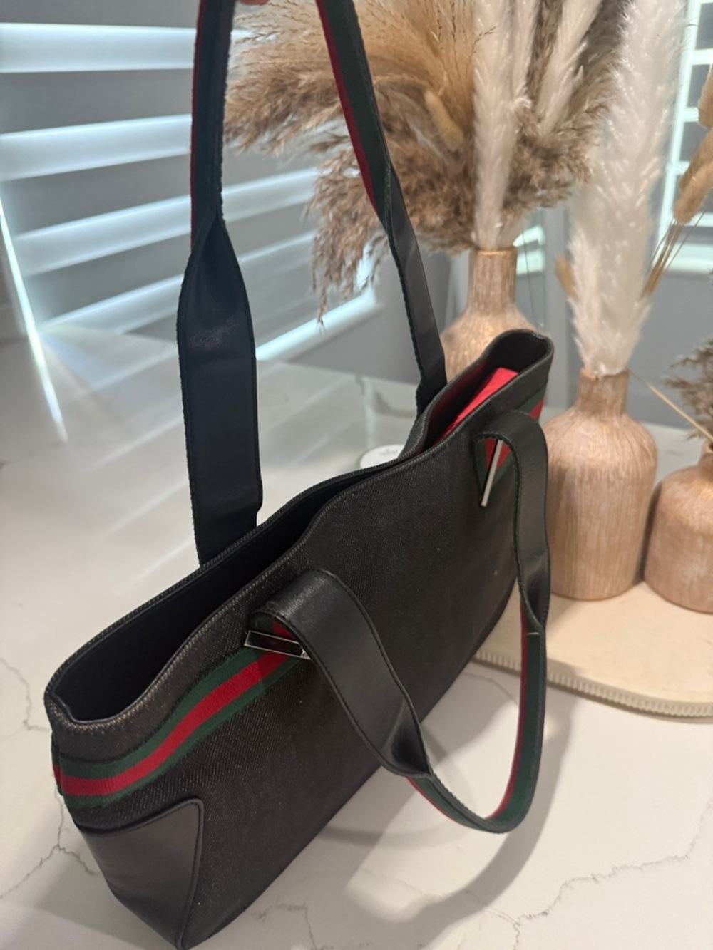 Gucci Vintage Sherry Line Gray Tote with Green & Red Web Straps RARE Canvas EUC - Picture 12 of 12